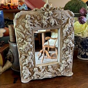 Vintage Baroque High Relief Cherub Composition Framed Wall Mirror